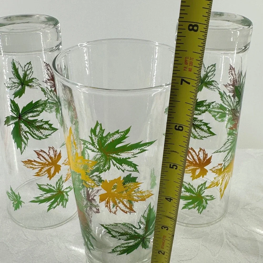 Vintage Maple Leaf Fall Tall Tumblers Clear Green Yellow Brown Set 4 Salem MCM